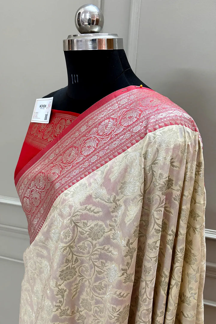 White and Red Gulabi Jaal Katan Silk Banarasi Saree