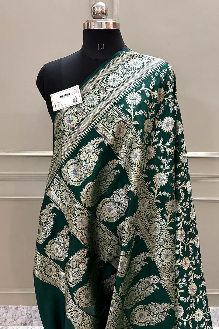 Bottle Green Ganga Jamuna Crepe Silk Banarasi Saree