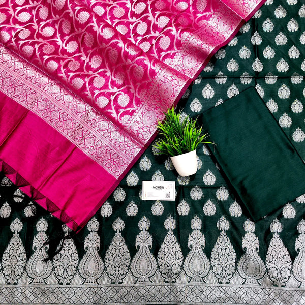 Bottle Green and Pink Kalgha Buti Banarasi Silk Suit