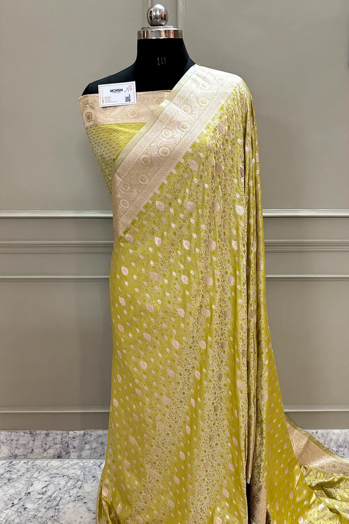 Dark Pista Chunni Munni Buti Katan Silk Banarasi Saree