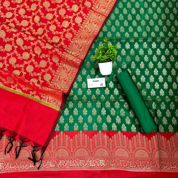 Green and Red Frozen Tree Satin Silk Banarasi Suit