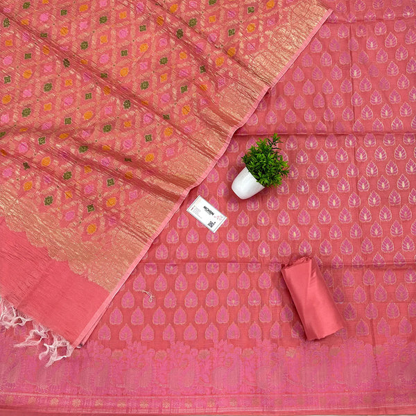 Peach Kaccha Patta Crush Cotton Silk Banarasi Suit