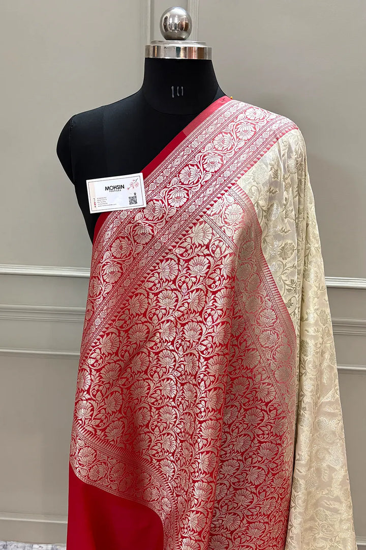 White and Red Gulabi Jaal Katan Silk Banarasi Saree