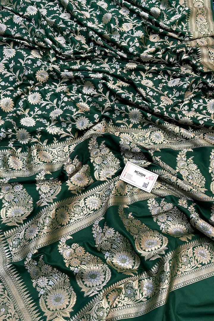 Bottle Green Ganga Jamuna Crepe Silk Banarasi Saree