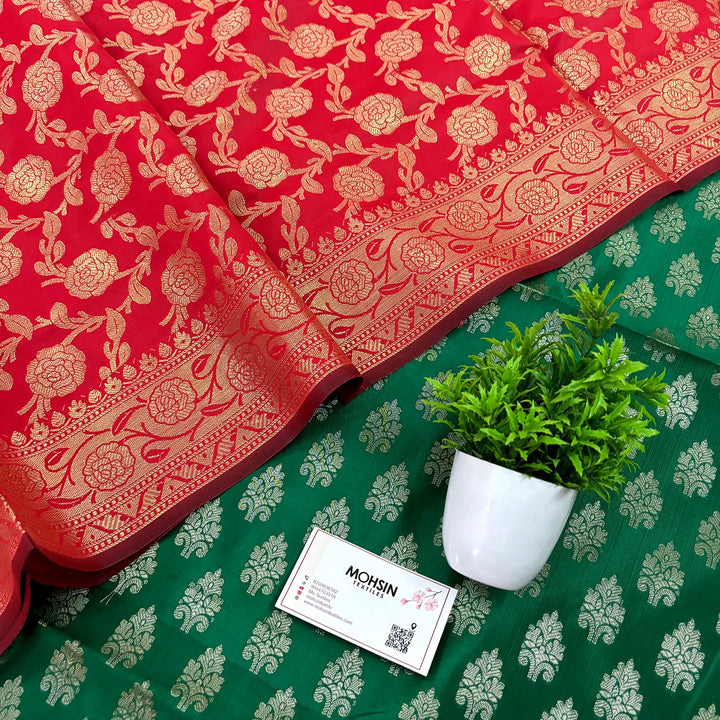 Green and Red Frozen Tree Satin Silk Banarasi Suit