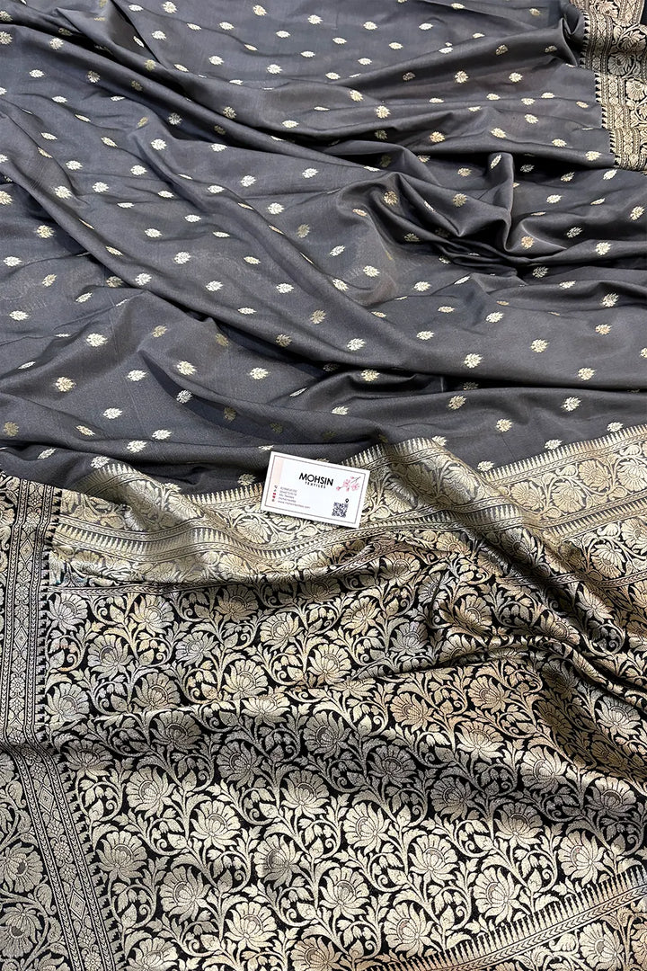 Grey and Black Rudraksha Buti Katan Silk Banarasi Saree