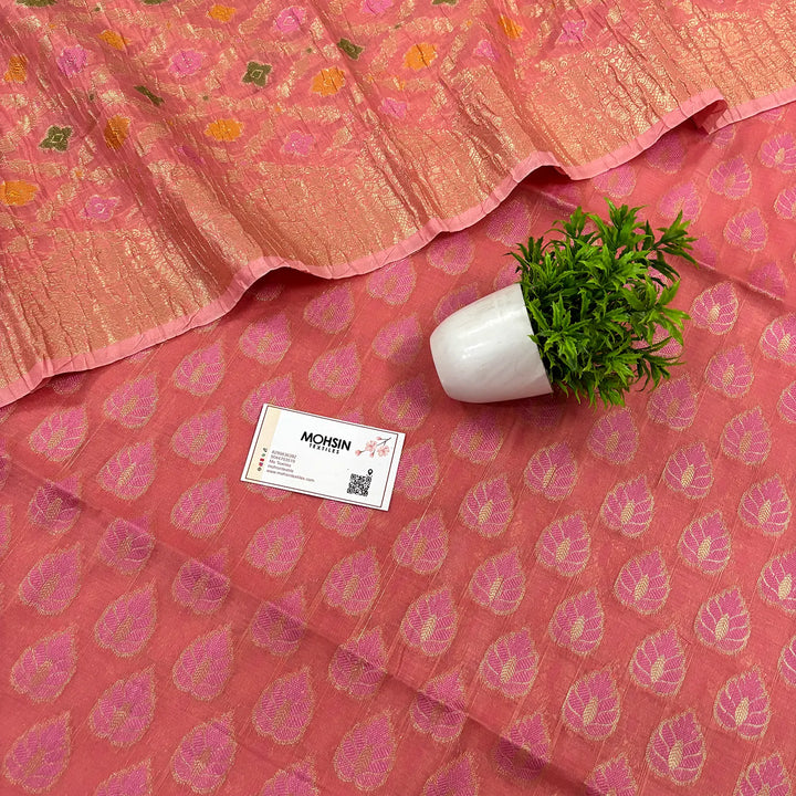 Peach Kaccha Patta Crush Cotton Silk Banarasi Suit