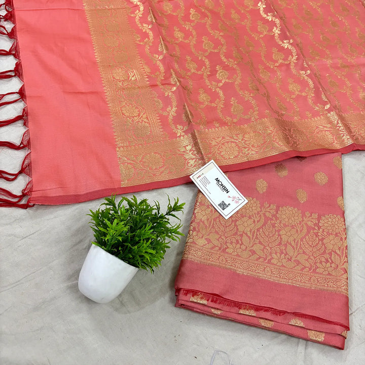 Peach Kiyari Buti Satin Silk Banarasi Suit