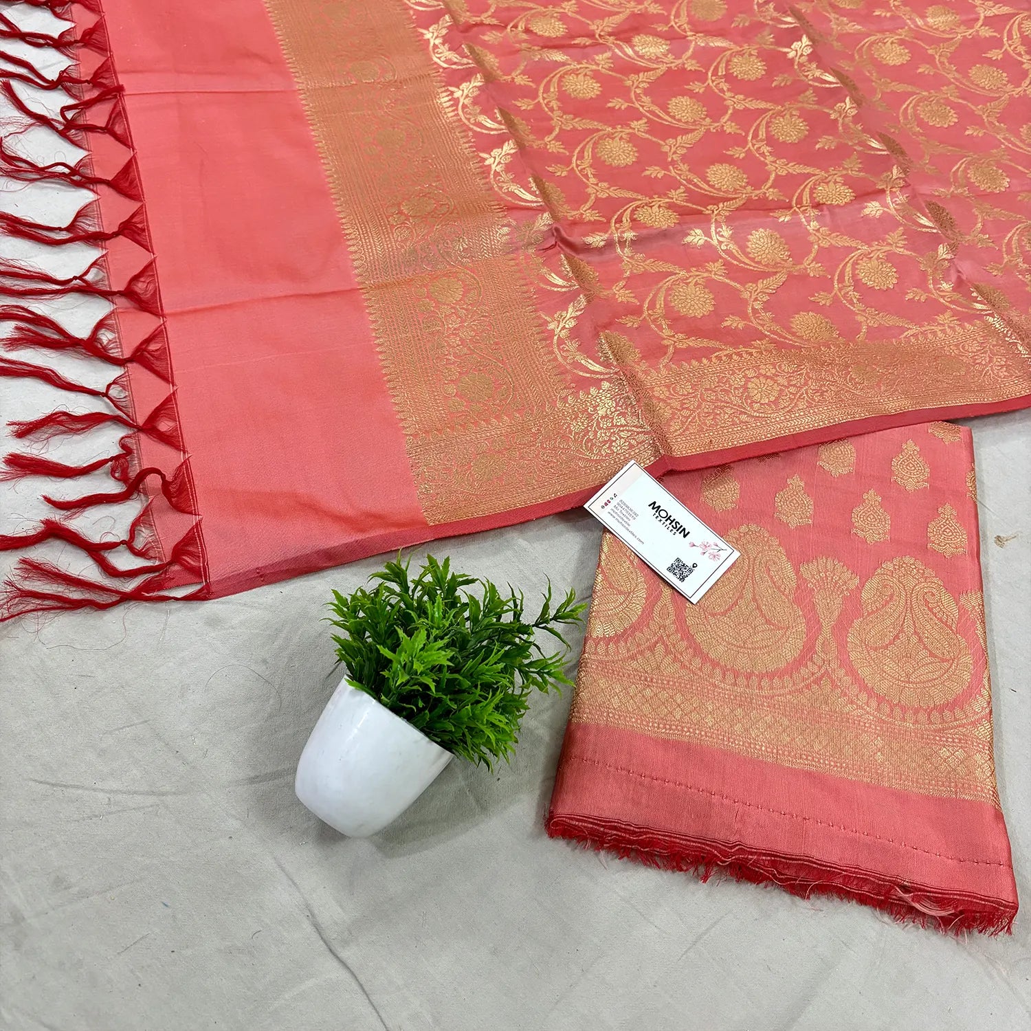 Peach Gumbad Crown Satin Silk Banarasi Suit