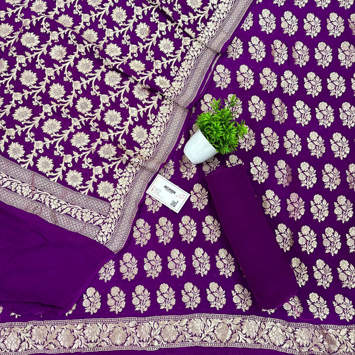 Purple Guldasta Pure Georgette Silk Banarasi Suit