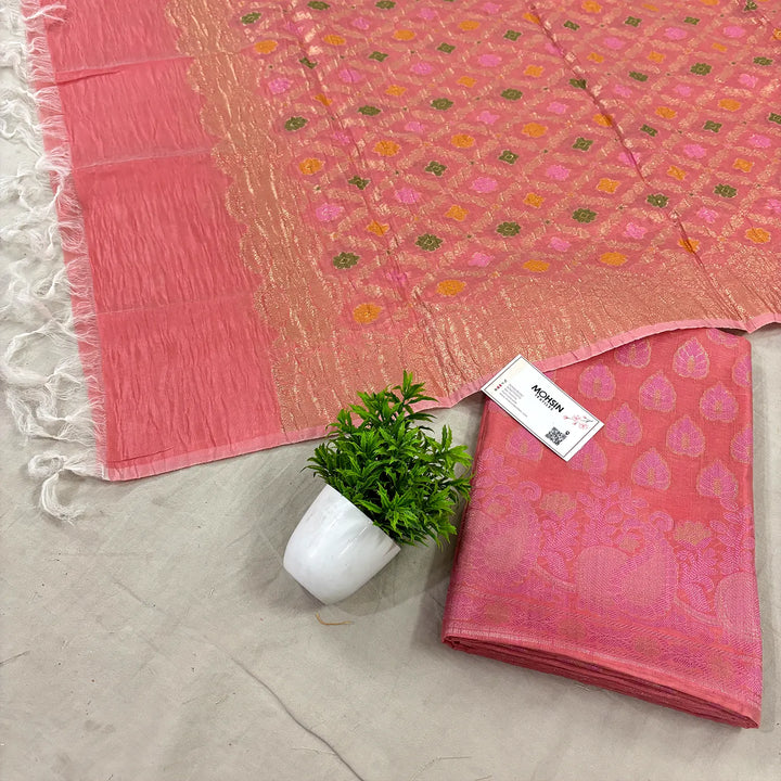 Peach Kaccha Patta Crush Cotton Silk Banarasi Suit