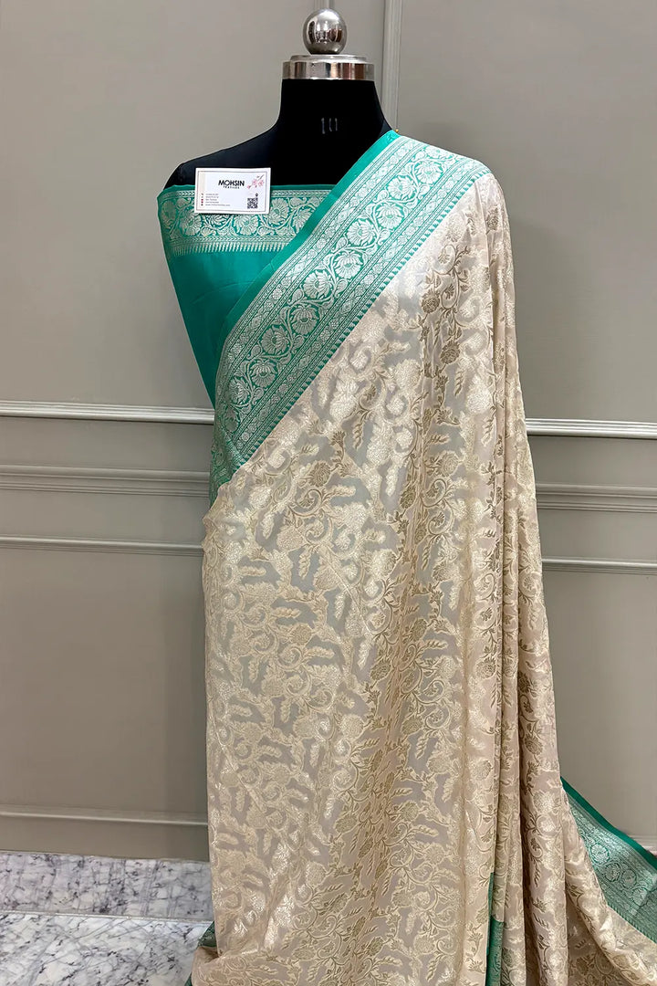 White and Sea Green Gulabi Jaal Katan Silk Banarasi Saree