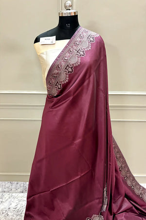 Wine and Beige Plain Resham Silk Banarasi Saree