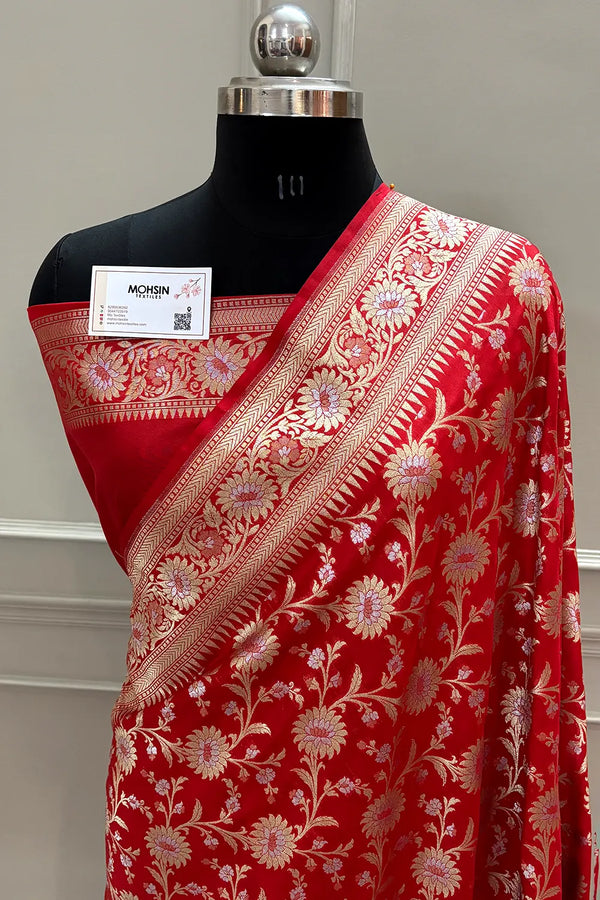 Red Ganga Jamuna Crepe Silk Banarasi Saree