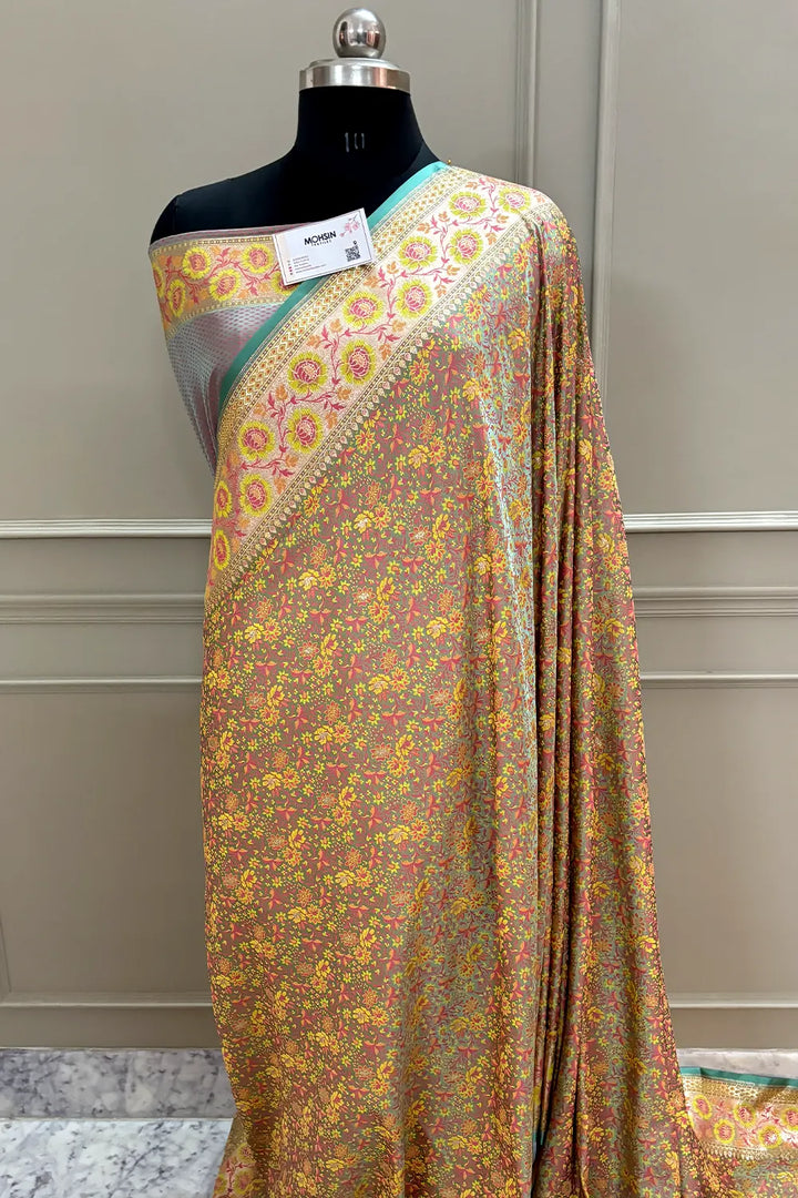 Turquoise and Grey Jungli Jaal Katan Silk Banarasi Saree