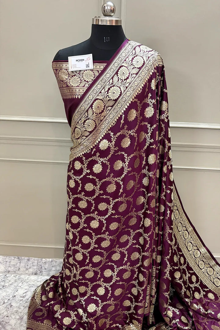 Wine Murmuri Jaal Katan Silk Banarasi Saree