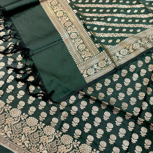 Bottle Green Sunflower Katan Silk Banarasi Suit