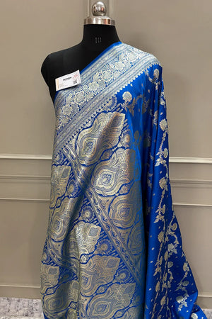 Firozi Tirchi Daal Katan Silk Banarasi Saree