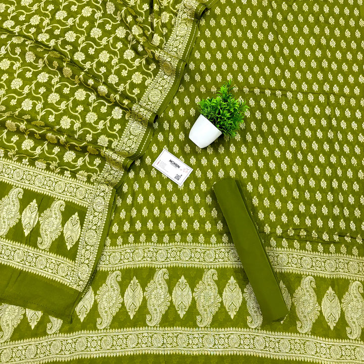 Mehendi Jaguar Shahi Georgette Silk Banarasi Suit