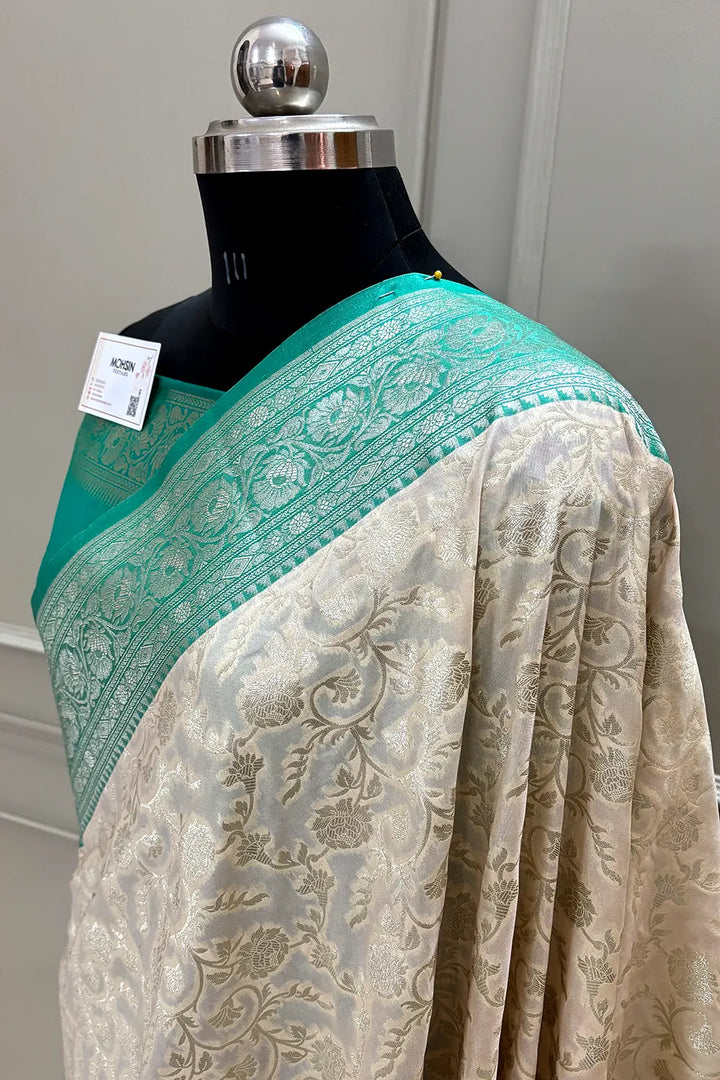 White and Sea Green Gulabi Jaal Katan Silk Banarasi Saree