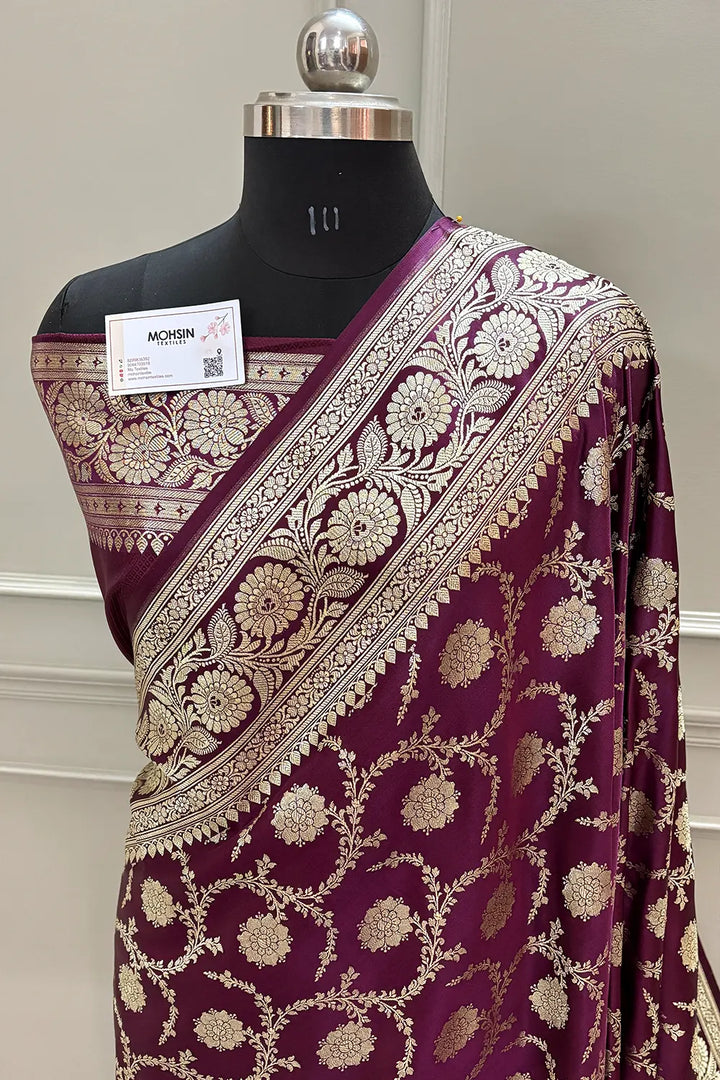 Wine Murmuri Jaal Katan Silk Banarasi Saree