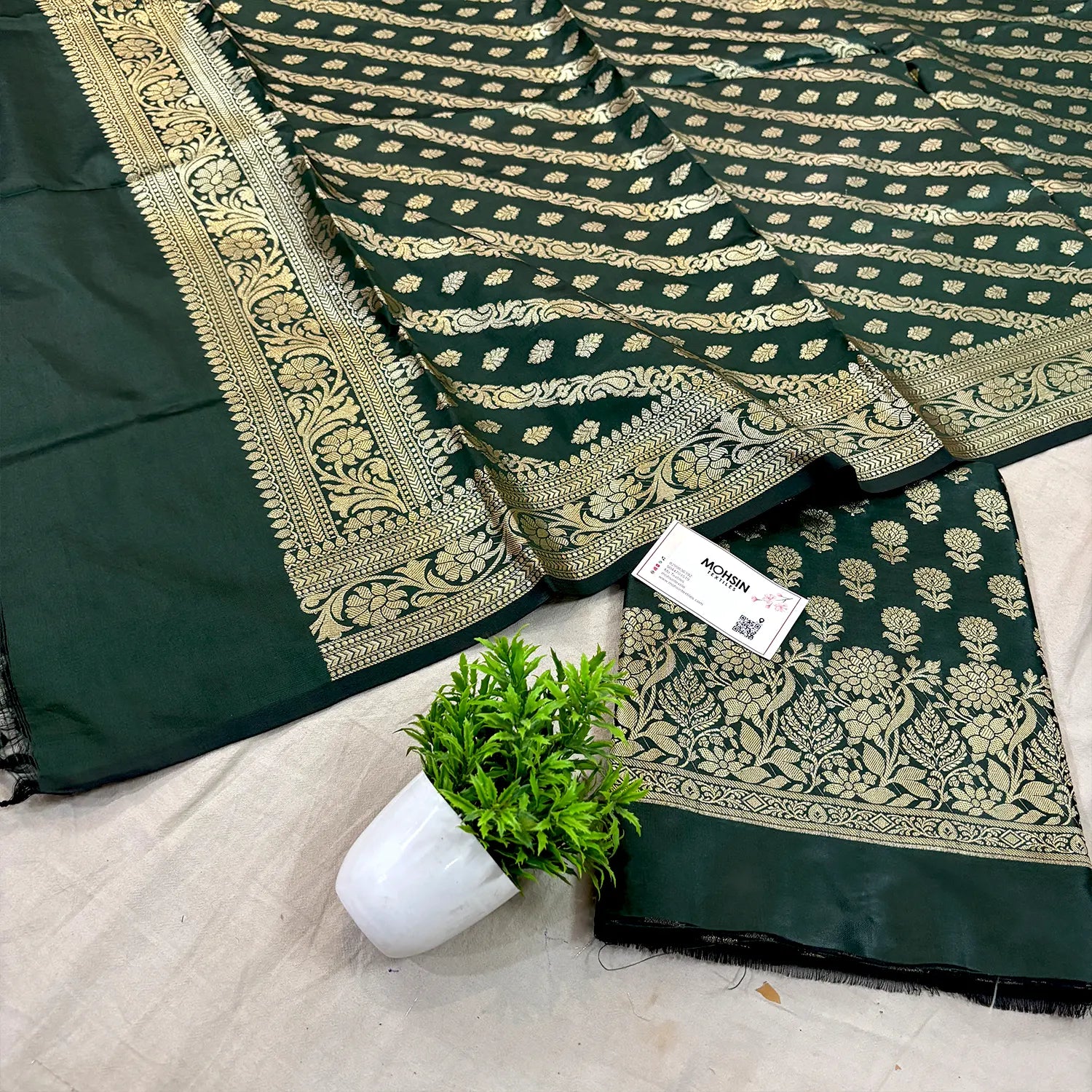 Bottle Green Sunflower Katan Silk Banarasi Suit