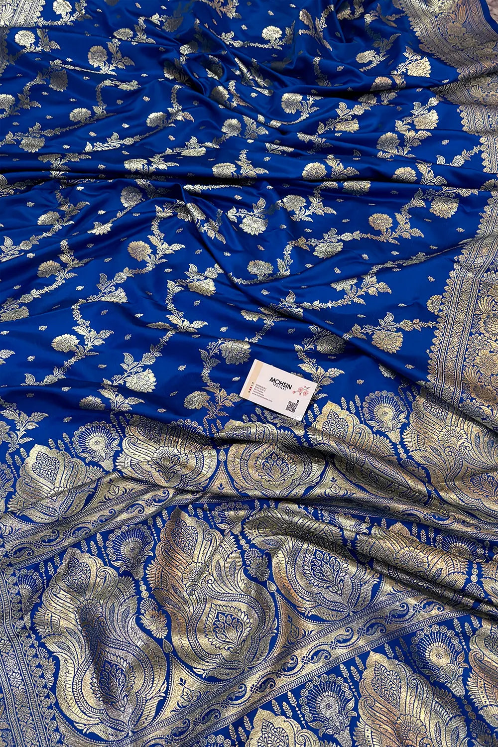 Firozi Tirchi Daal Katan Silk Banarasi Saree