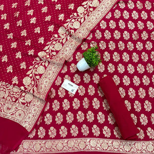 Pinkish Red Guldasta Pure Georgette Silk Banarasi Suit