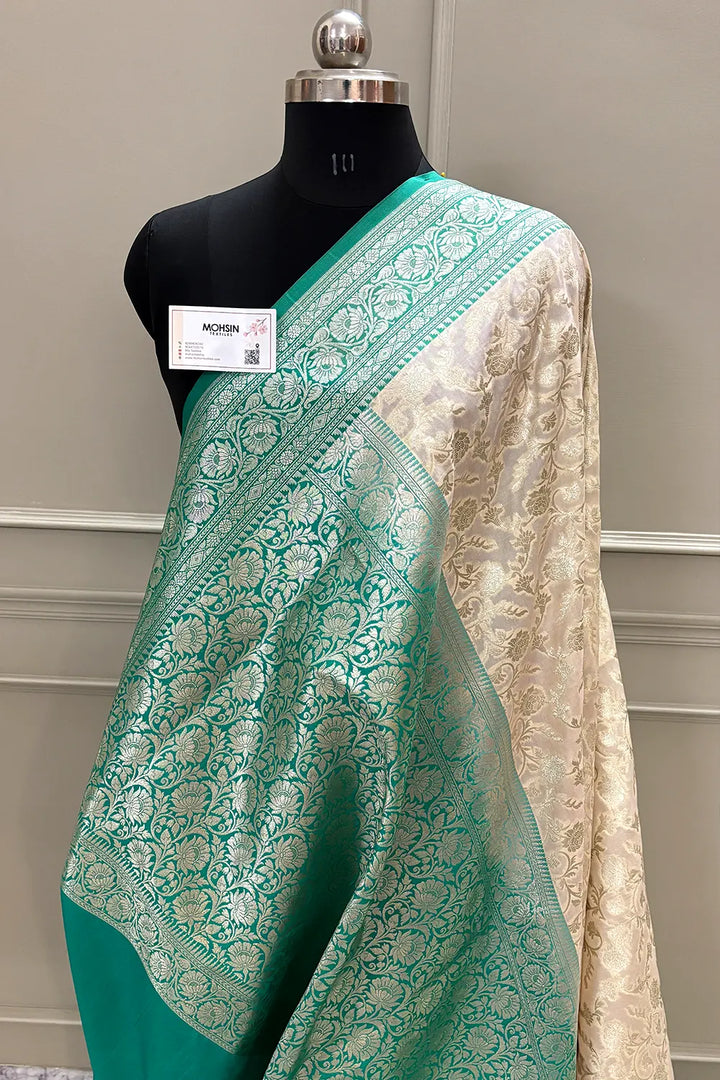 White and Sea Green Gulabi Jaal Katan Silk Banarasi Saree