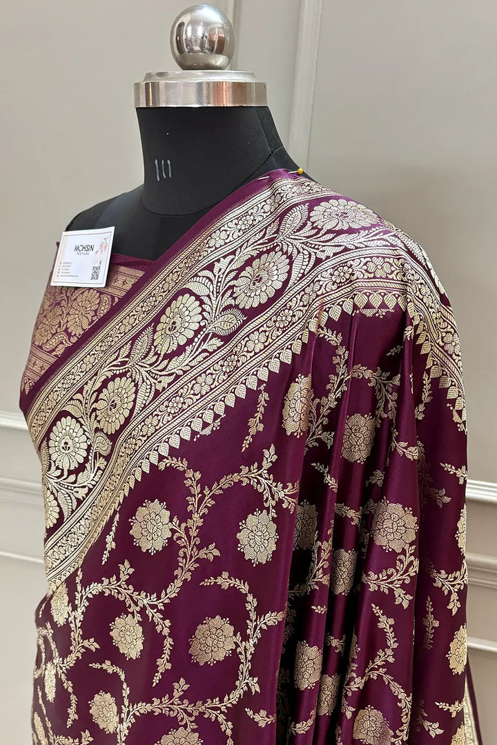 Wine Murmuri Jaal Katan Silk Banarasi Saree