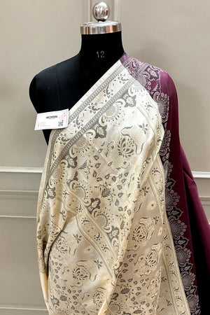 Wine and Beige Plain Resham Silk Banarasi Saree