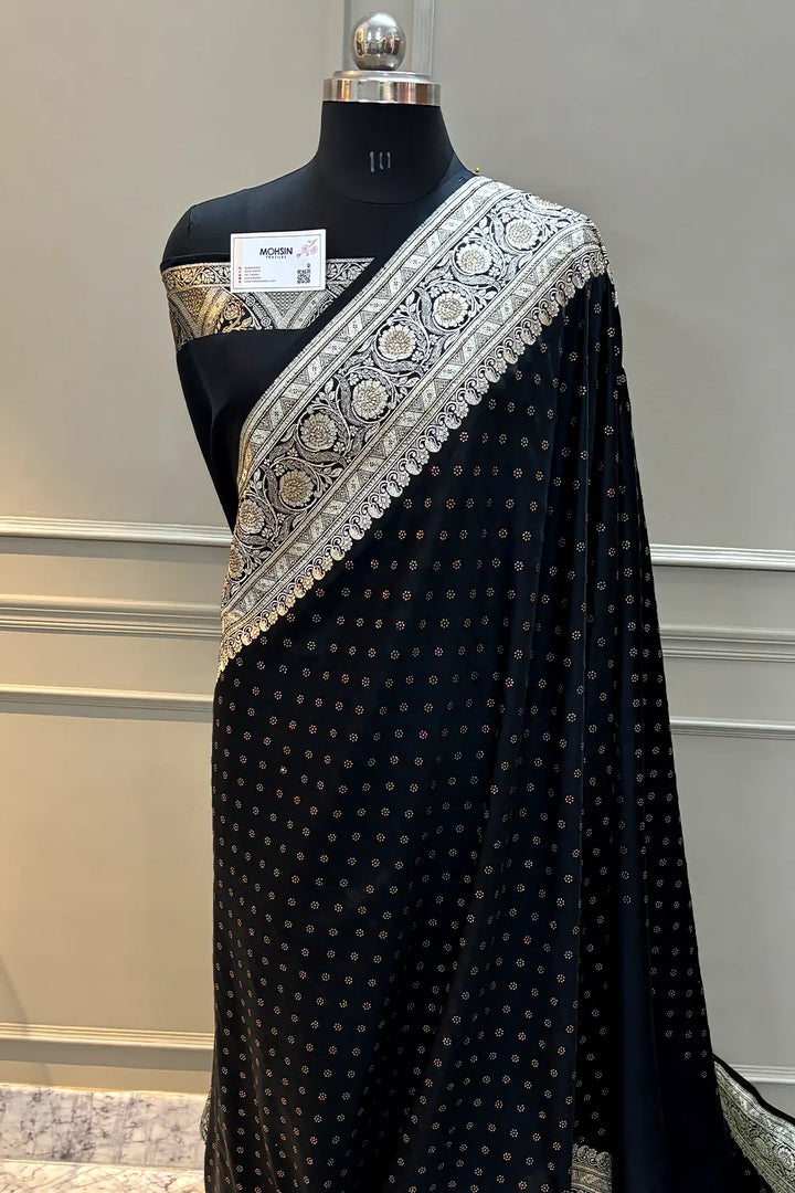 Black Plain Swaroski Stone Katan Silk Banarasi Saree