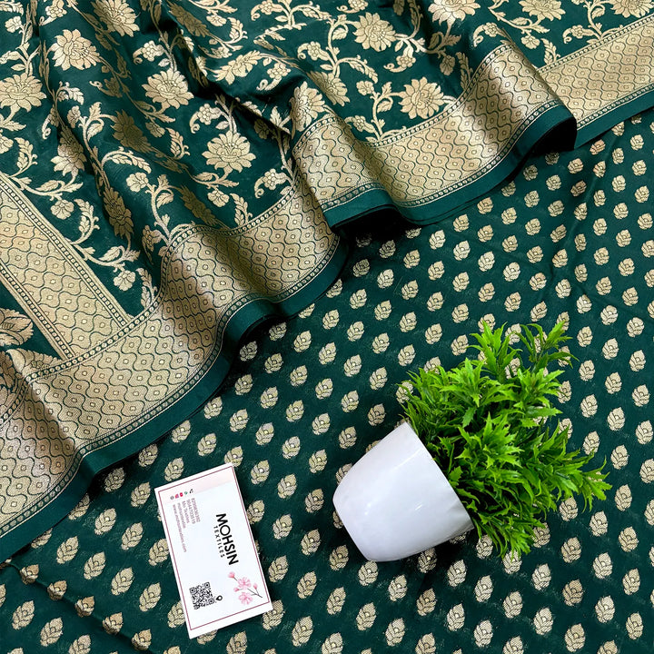 Bottle Green Kalli Buti Katan Silk Banarasi Suit