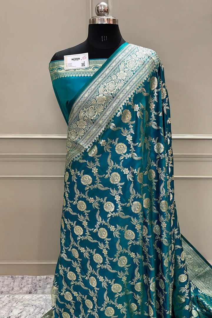 Teal Shahanshahi Jaal Katan Silk Banarasi Saree