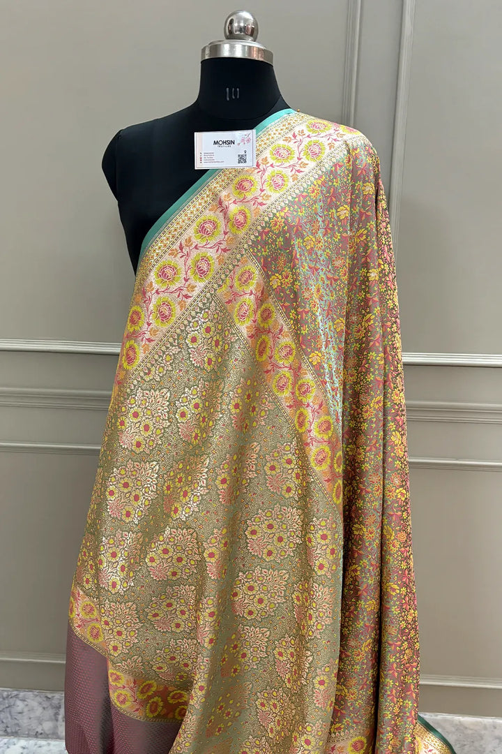 Turquoise and Grey Jungli Jaal Katan Silk Banarasi Saree