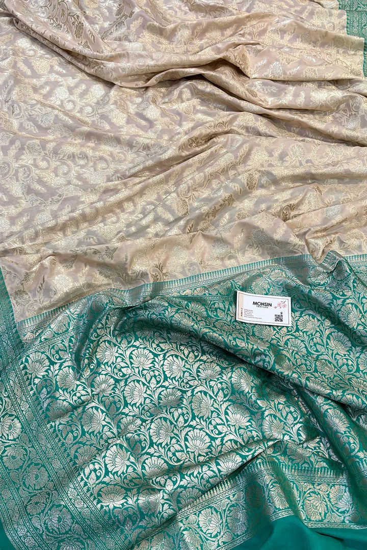 White and Sea Green Gulabi Jaal Katan Silk Banarasi Saree