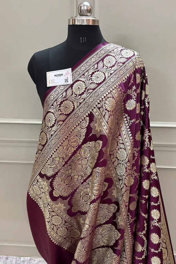 Wine Murmuri Jaal Katan Silk Banarasi Saree