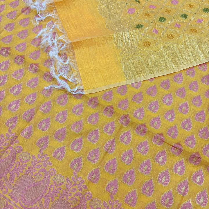 Yellow Kaccha Patta Crush Cotton Silk Banarasi Suit