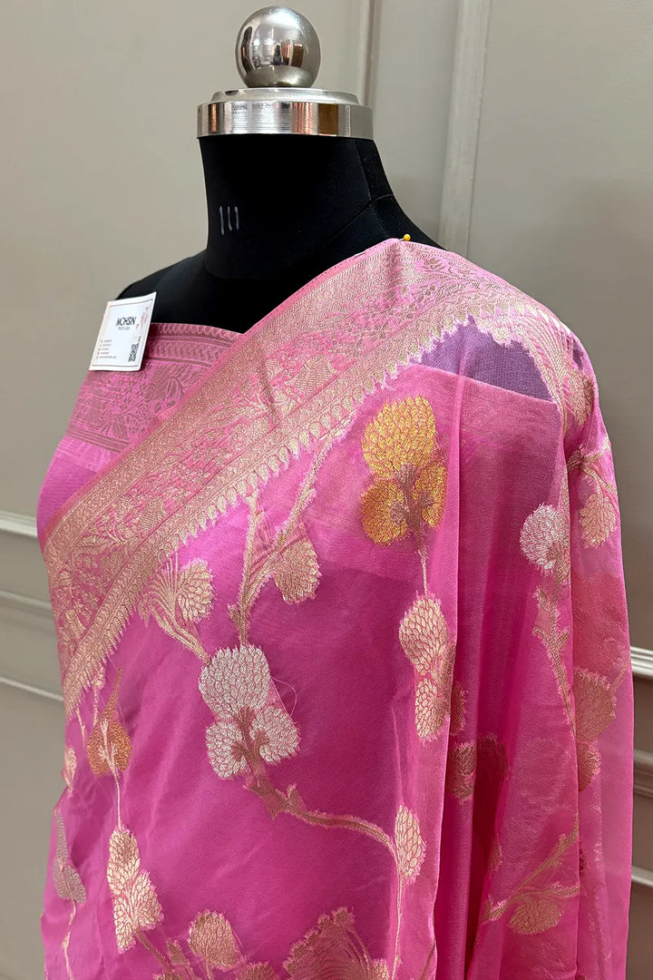 Baby Pink Golden Zari Organza Silk Banarasi Saree