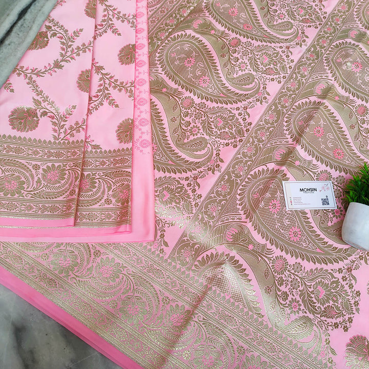 Baby Pink Handloom Pure Katan Silk Banarasi Saree