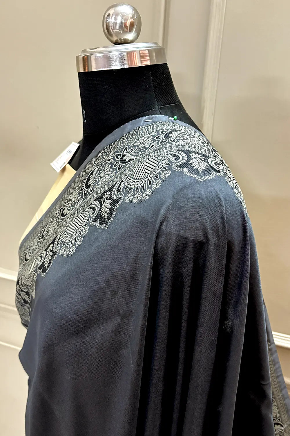 Black and Beige Plain Resham Silk Banarasi Saree