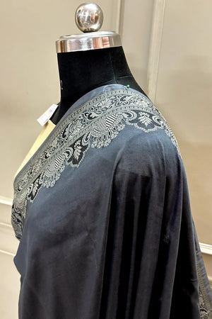 Black and Beige Plain Resham Silk Banarasi Saree