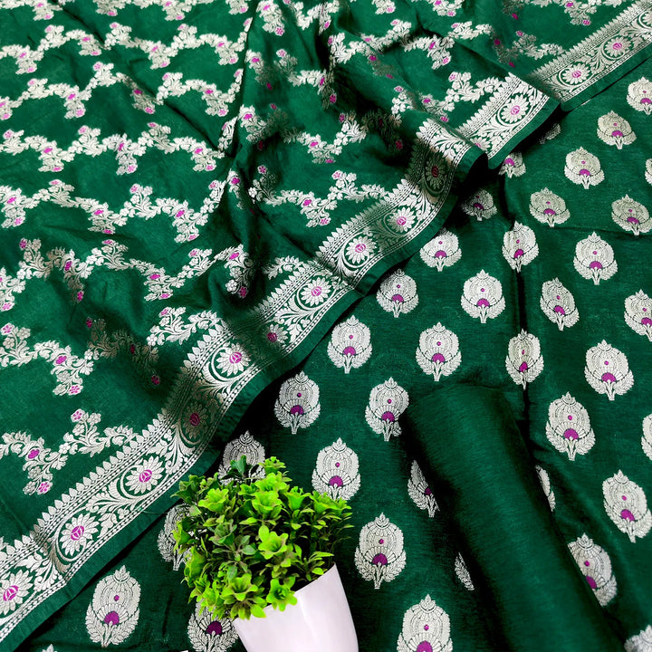 Bottle Green Chiretan Buti Katan Silk Banarasi Suit