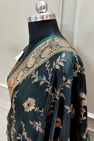 Bottle Green Golden Zari Katan Silk Banarasi Saree