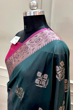 Bottle Green and Pink Golden Zari Banarasi Silk Saree