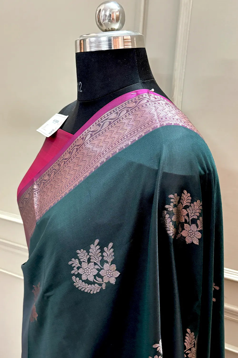 Bottle Green and Pink Golden Zari Banarasi Silk Saree