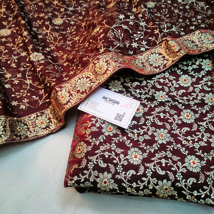 Dark Maroon Stone Work Kimkhab Silk Banarasi Gharara