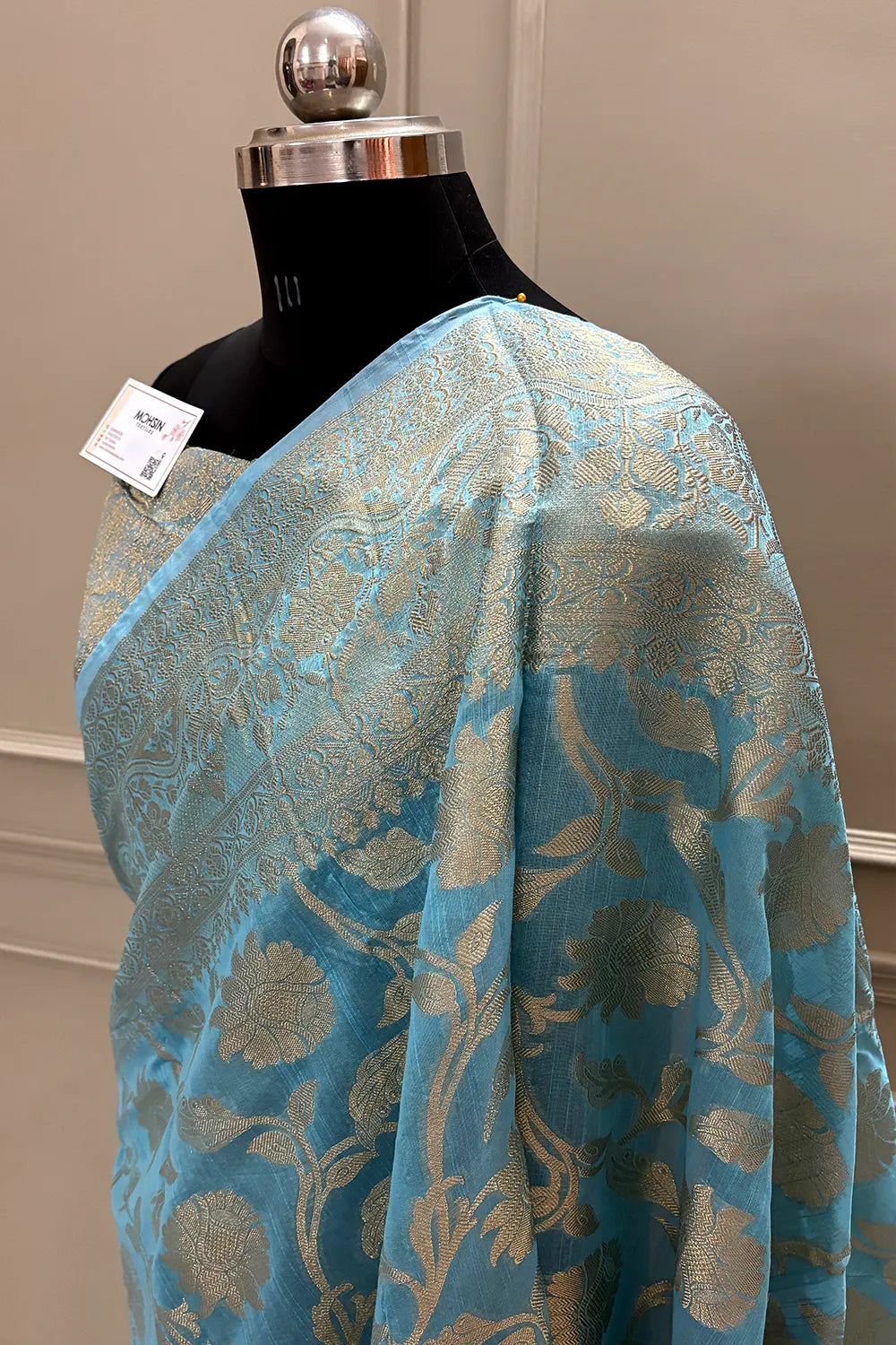 Firozi Golden Zari Chanderi Silk Banarasi Saree