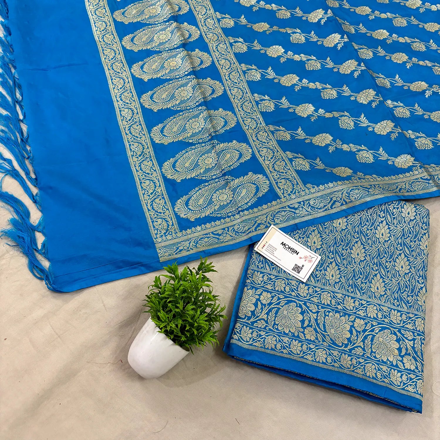 Firozi Golden Zari Katan Silk Banarasi Suit