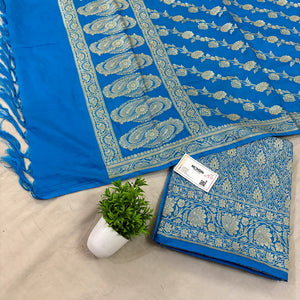 Firozi Golden Zari Katan Silk Banarasi Suit